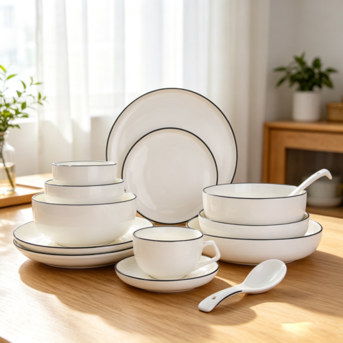 Minimalist Pure White Ceramic Dinnerware Set with Black Outline: Suitable for Home, Hotel, Wedding, Banquet, and Western-Style Dinnerware