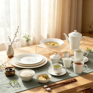 Matte, three-dimensional textured pure white ceramic tableware set, perfect for New Chinese style family gatherings, wedding banquets, and afternoon tea.