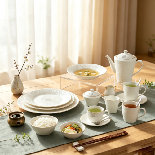 Matte, three-dimensional textured pure white ceramic tableware set, perfect for New Chinese style family gatherings, wedding banquets, and afternoon tea.
