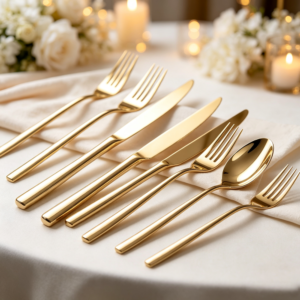 Straight-Handle Bright Gold Mirror Finish Stainless Steel Cutlery Set - Luxury Wedding Hotel Banquet Western Dinner Knife, Fork, and Spoon Set