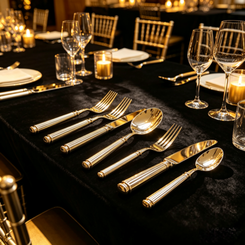 Premium Mirror-Finish Embossed Western Cutlery Set - Suitable for Weddings, Business Banquets, and More - Available in Gold and Silver