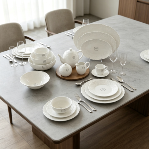 Premium Milky White Relief Ceramic Tea Set/Tableware Set - Suitable for Business, Weddings, and Home Use; Multi-Style Complete Set of Bowls, Plates, Cups, and Teapots