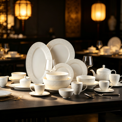 Three-dimensional vertical relief milky white porcelain dinner set - perfect for star-rated Western restaurants, business banquets, and home use.