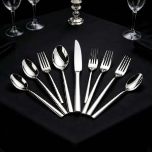 One-piece molded streamlined silver cutlery set, food-grade stainless steel knife, fork, and spoon set for business banquets and weddings