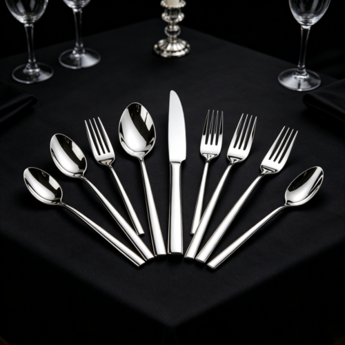 One-piece molded streamlined silver cutlery set, food-grade stainless steel knife, fork, and spoon set for business banquets and weddings