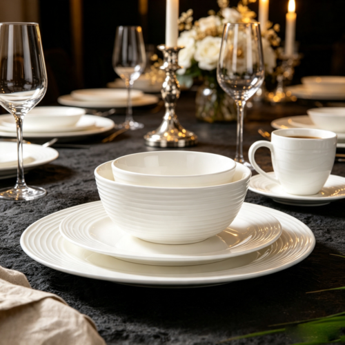 High-Quality Stone-Imitation Porcelain Relief Dinnerware Set - Suitable for Star-Rated Hotels, Commercial Use, and Home Use.