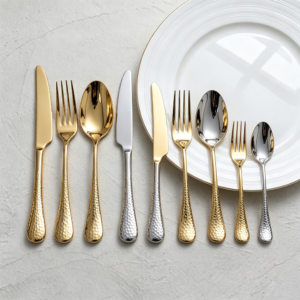 Hammered Handle Stainless Steel Knife, Fork, and Spoon Set - Luxury Gold and Silver Western Tableware, Customizable for Hotel Weddings and Banquets