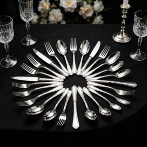 Classic Stainless Steel Western Cutlery Set with Classic Lace Handles, Gold and Silver Two-Tone Complete Set for Home and Commercial Use, including steakware.