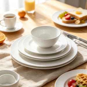 Food-Grade Embossed Ceramic Dinnerware Set - Complete Set for Hotel and Home Use (Plate, Bowl, and Cup)