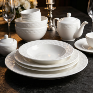 Pure White Relief Ceramic Dinnerware Set - Perfect for Star-Rated Hotels, Restaurants, and Home Use; Customizable with Logo
