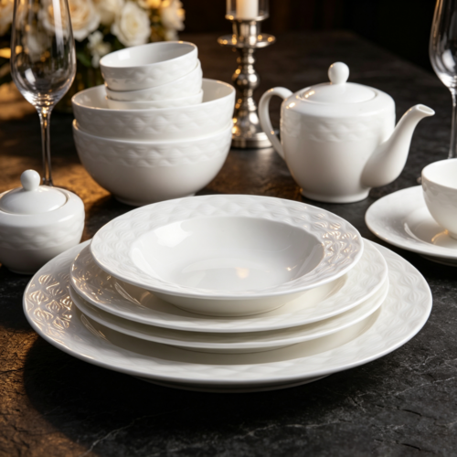 Pure White Relief Ceramic Dinnerware Set - Perfect for Star-Rated Hotels, Restaurants, and Home Use; Customizable with Logo