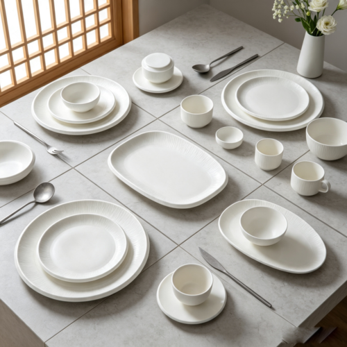 Natural Vertical Textured White Ceramic Dinner Set - High-Value Bowls, Plates, Cups, and Saucers for Star-Rated Hotels, Business Banquets, and Home Use