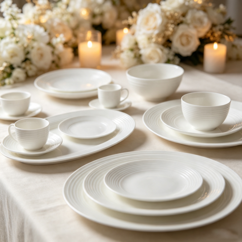 Matte White 3D Horizontal Stripe Ceramic Dinnerware Set - Luxury Wedding Banquet Plating - Multi-Size Oval Fish Plates and Soup Bowls