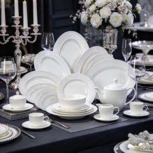 Classic White Ceramic Tableware with Embossed Pattern – Hotel, Restaurant & Home Use