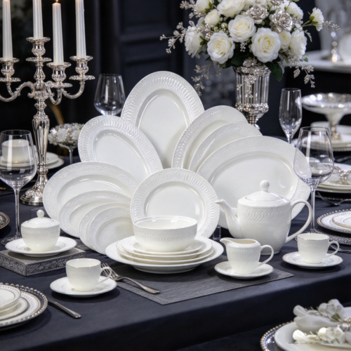Classic White Ceramic Tableware with Embossed Pattern – Hotel, Restaurant & Home Use