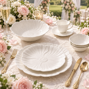 White Petal Embossed Dinnerware Set | Scalloped Plates, Bowls, Coffee Cups & Saucers for Weddings, Restaurants & Home Dining