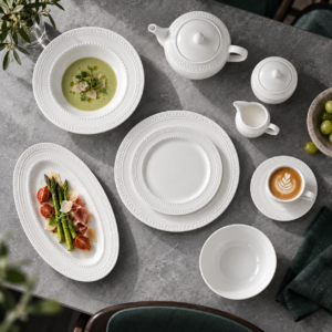 White Beaded Rim Dinnerware Set,Dinner Plates, Soup Plates, Bowls, Cups & Saucers for Weddings and Home Dining
