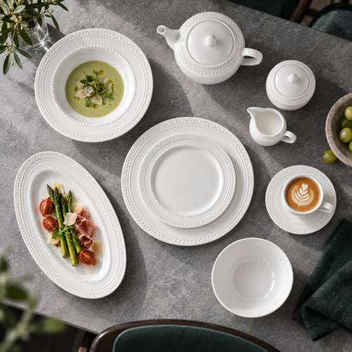 White Beaded Rim Dinnerware Set,Dinner Plates, Soup Plates, Bowls, Cups & Saucers for Weddings and Home Dining