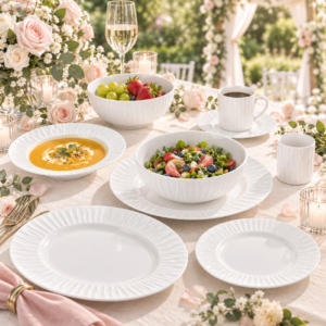 White Ripple Plates, Bowls & Cups,Coordinated Textured Tableware for Restaurants, Breakfasts & Family Gatherings