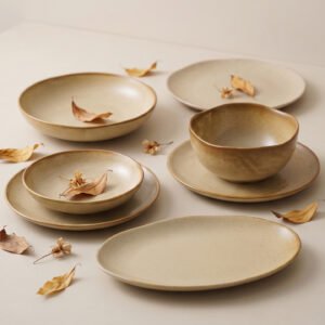 Organic Lotus Leaf Reactive Glaze Stoneware Dinnerware Set