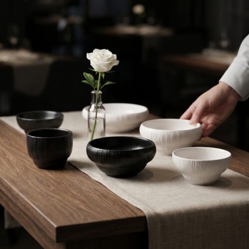 Elegant Ribbed Black and White Ceramic Dinnerware Set