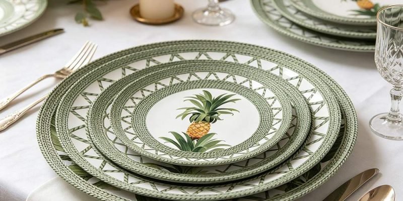 Tropical Rattan-Woven Pineapple Bone China Dinnerware Set