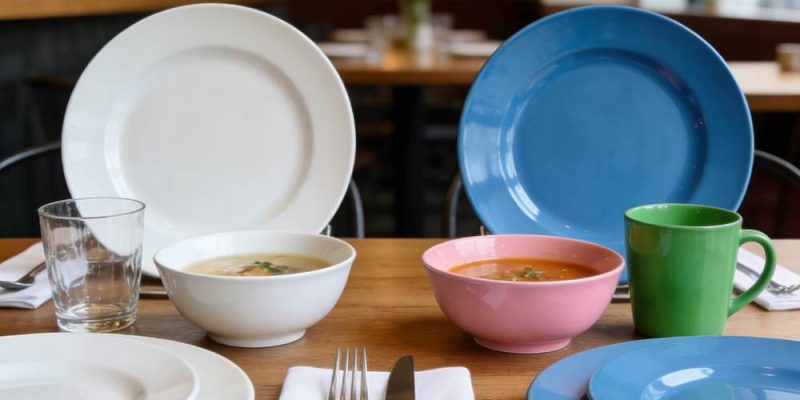 white and colored restaurant dinnerware